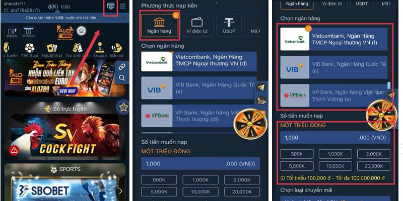 Chọn phương thức ngân hàng và chọn số tiền muốn nạp